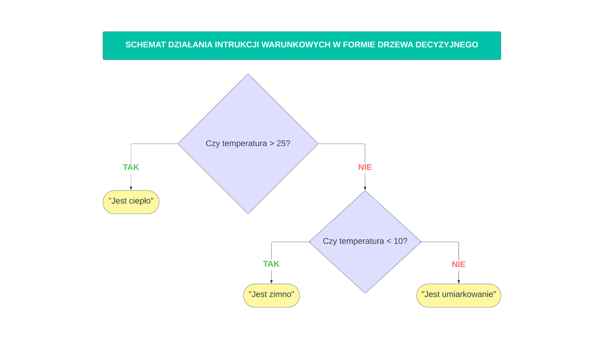 Schemat przedstawia działanie instrukcji warunkowych w formie drzewa decyzyjnego.