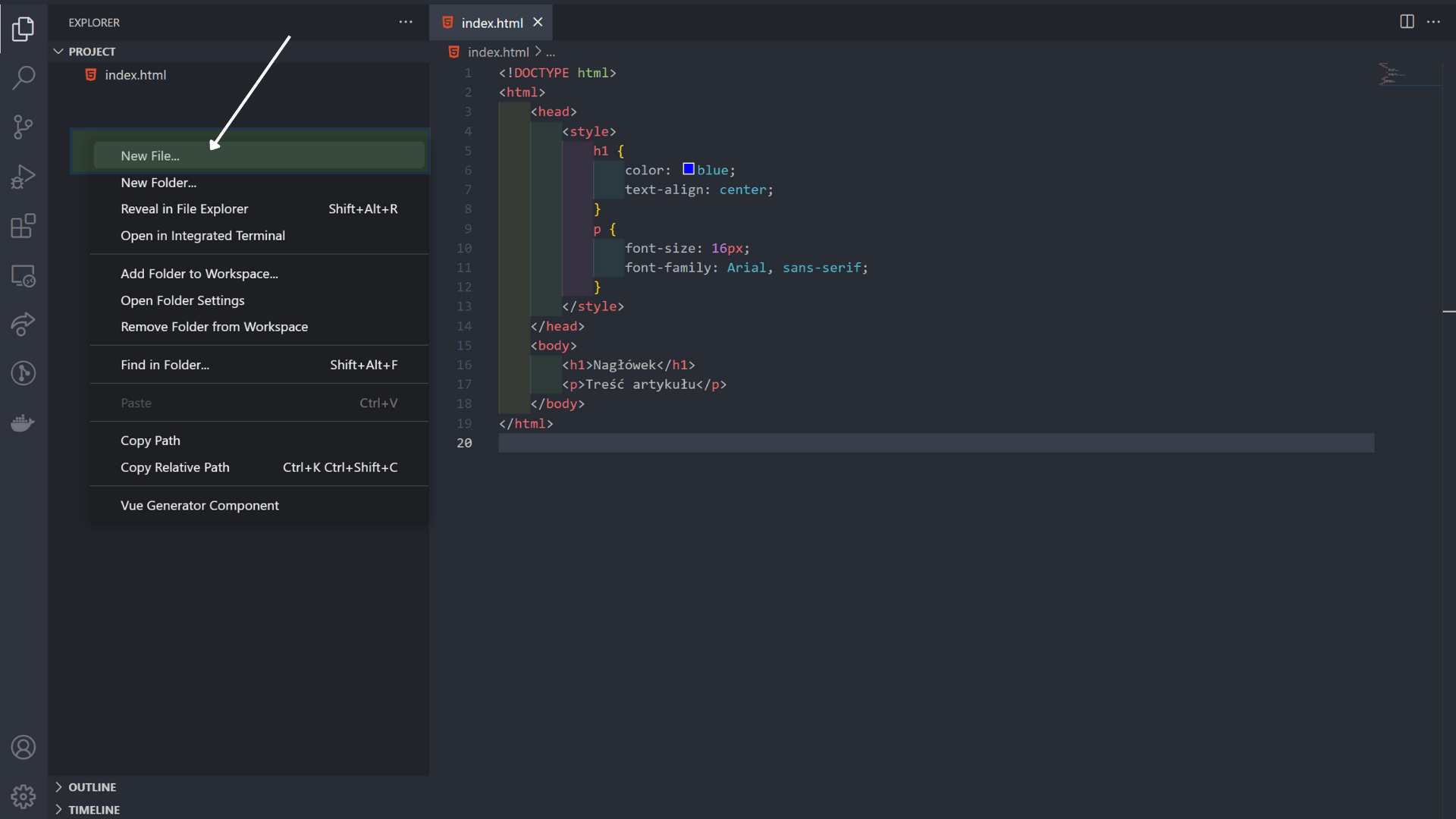 Tworzenie nowego pliku w Visual Studio Code