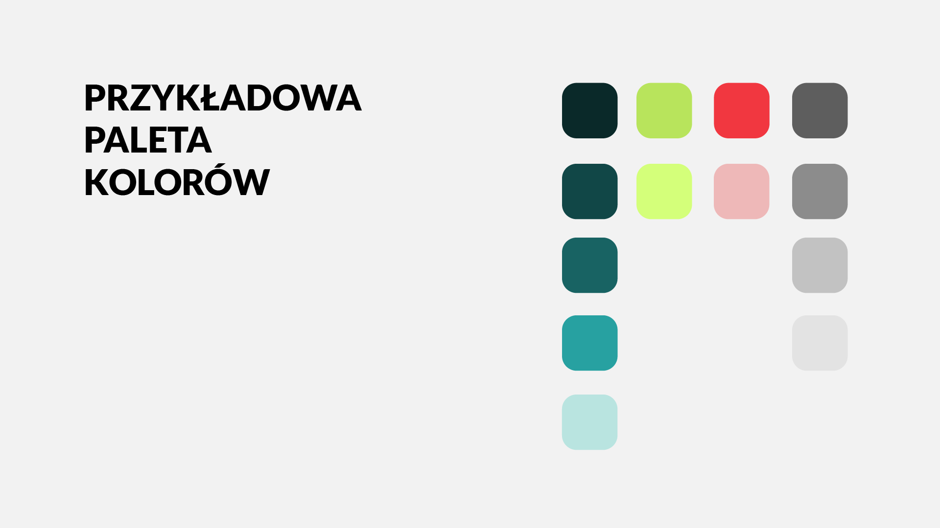 Przykład bardzo prostej palety kolorów. Mamy tu jeden kolor wiodący (turkusowy), standardowe czerwienie i zielenie, potrzebne choćby do sygnalizowania statusów oraz kilka odcieni szarości.